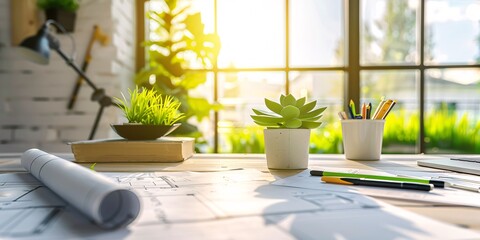 work space, organized desk, blueprints, succulent, clean, modern.