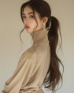 jewelry lookbook, side profile asian model with long ponytail, her shoulders are relaxed, her ears are adorned with eye-catching earrings, cream background.