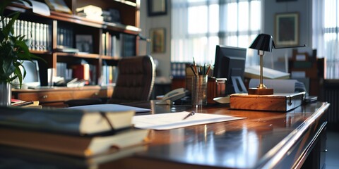 business brochure on mahogany desk, busy office.
