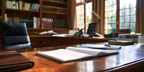 business brochure on mahogany desk, busy office.