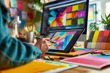a lifestyle stock photography of Designer at work station, digital tablet with stylus, vibrant graphic design project on screen, swatches and design tools on desk, creative office environment.