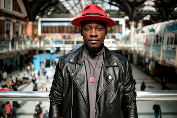 Man wearing a red hat is leaning on banister in a train station.