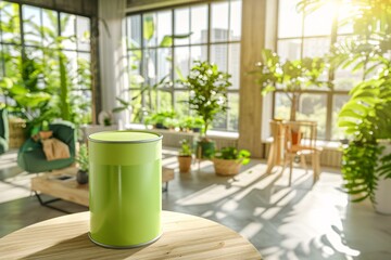 a lifestyle stock photography of Eco-friendly paint can with natural color pigments and organic certification; sleek, modern design. Interior room with large windows, green plants, natural wood