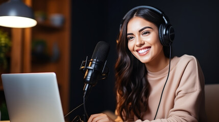 A Young positive woman podcaster making a podcast at home studio, A Bloggger, voice over, talk to audience