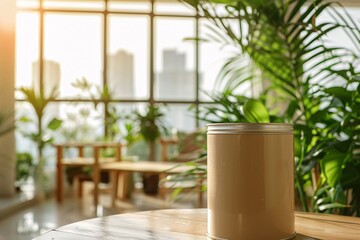 a lifestyle stock photography of Eco-friendly paint can with natural color pigments and organic certification; sleek, modern design. Interior room with large windows, green plants, natural wood