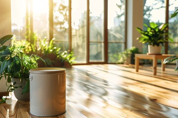 a lifestyle stock photography of Eco-friendly paint can with natural color pigments and organic certification; sleek, modern design. Interior room with large windows, green plants, natural wood