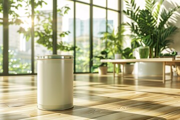 a lifestyle stock photography of Eco-friendly paint can with natural color pigments and organic certification; sleek, modern design. Interior room with large windows, green plants, natural wood