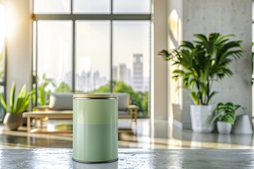 a lifestyle stock photography of Eco-friendly paint can with natural color pigments and organic certification; sleek, modern design. Interior room with large windows, green plants, natural wood