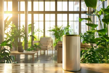a lifestyle stock photography of Eco-friendly paint can with natural color pigments and organic certification; sleek, modern design. Interior room with large windows, green plants, natural wood