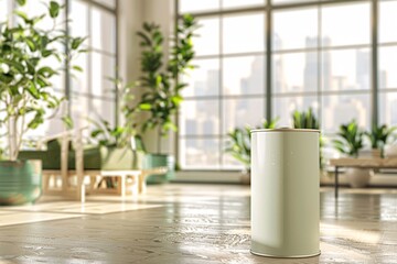 a lifestyle stock photography of Eco-friendly paint can with natural color pigments and organic certification; sleek, modern design. Interior room with large windows, green plants, natural wood