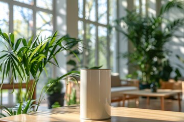 a lifestyle stock photography of Eco-friendly paint can with natural color pigments and organic certification; sleek, modern design. Interior room with large windows, green plants, natural wood