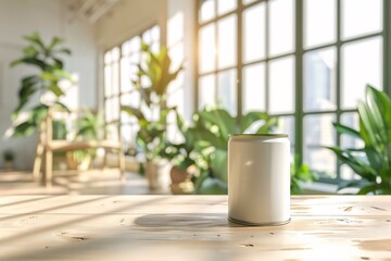 a lifestyle stock photography of Eco-friendly paint can with natural color pigments and organic certification; sleek, modern design. Interior room with large windows, green plants, natural wood
