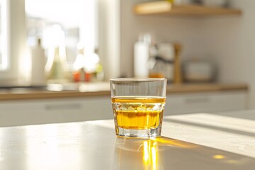 a lifestyle stock photography of A glass of alcohol represented by a transparent glass filled with a golden liquid. Clean, minimalistic kitchen counter. Straight-on shot, medium distance. Soft,