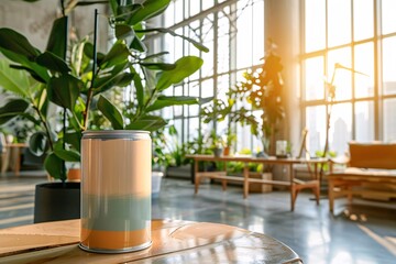 a lifestyle stock photography of Eco-friendly paint can with natural color pigments and organic certification; sleek, modern design. Interior room with large windows, green plants, natural wood