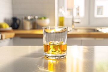 a lifestyle stock photography of A glass of alcohol represented by a transparent glass filled with a golden liquid. Clean, minimalistic kitchen counter. Straight-on shot, medium distance. Soft,