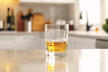a lifestyle stock photography of A glass of alcohol represented by a transparent glass filled with a golden liquid. Clean, minimalistic kitchen counter. Straight-on shot, medium distance. Soft,
