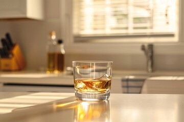 a lifestyle stock photography of A glass of alcohol represented by a transparent glass filled with a golden liquid. Clean, minimalistic kitchen counter. Straight-on shot, medium distance. Soft,