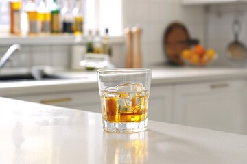 a lifestyle stock photography of A glass of alcohol represented by a transparent glass filled with a golden liquid. Clean, minimalistic kitchen counter. Straight-on shot, medium distance. Soft,