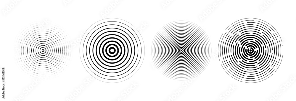 Poster Black radial circle set. Sonar or sound wave ring collection. Halftone and linear epicentre, target, radar icon concept. Ripple concentric signal vibration elements. Vector dashed and dotted symbols