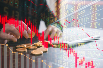 Stock Market Recession and Losses ,Businessman analysing trading downtrend line graph in bear market