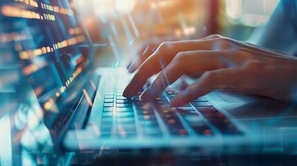 Hands Typing on Laptop Keyboard with Digital Code Reflections in Modern Office Environment