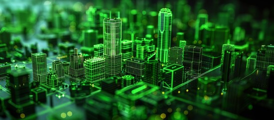 Futuristic Green Digital Cityscape with Skyscrapers and Modern Architecture in a Virtual Reality Environment