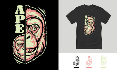 monkey head vector design, with light pink ape writing, design for screen printing on t-shirts.eps