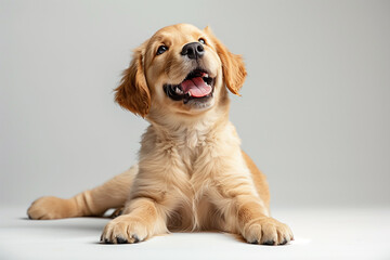 A chubby Golden Retriever puppy beaming with joy, lying on the floor, on white background.