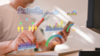 Analyst working with Business Analytics and Data Management System on computer, make a report with...