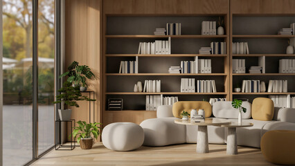 Fototapeta premium A contemporary, spacious living room features a modern, cozy couch, a coffee table, and a bookshelf.