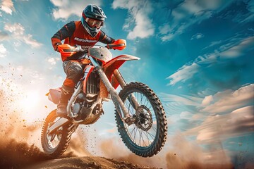 Naklejka premium Motocross Rider Performing High Jump on A Dirt Track