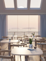 A contemporary, minimalist restaurant or cafe seating area with a large window with a sea view.