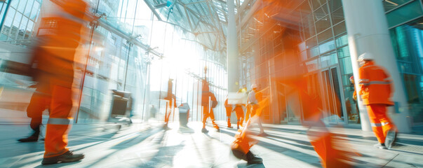 A busy construction site with many builders working. Long exposure motion blur