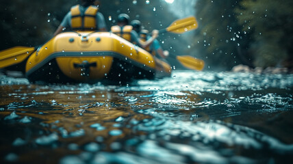 Blurred image of people rafting down a river. They are all wearing life jackets and helmets. The raft is bouncing up and down. Outdoor sports concept.