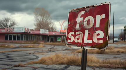 For Sale Sign in Front of Abandoned Vintage Motel