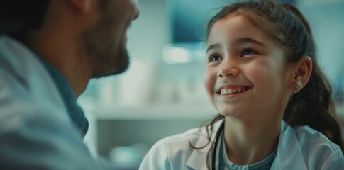 Obraz premium Happy little girl with doctor conducting medical examination using stethoscope in clinic setting