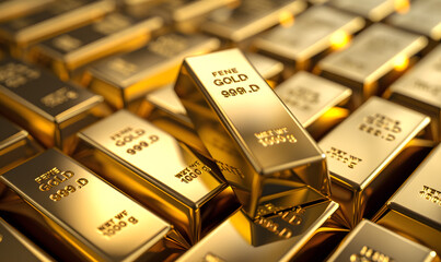 Close-up of gold bars with intricate engravings, reflecting ambient light, symbolizing luxury and stability