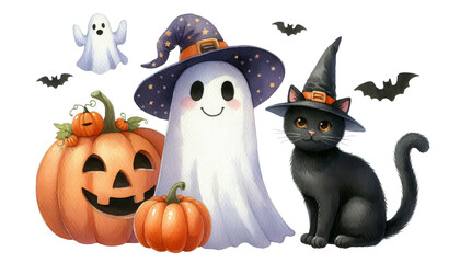 Watercolor Halloween Fun With A Ghost, A Cat, And Pumpkins - A whimsical Halloween scene featuring a friendly ghost wearing a witch hat, a black cat in a witch hat, and pumpkins.