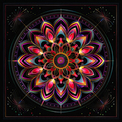 Symmetrical colorful mandala with geometric designs, glowing subtly on black backdrop.