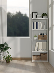 A minimalist room features a shelf, parquet floor, houseplants, and a white wall.