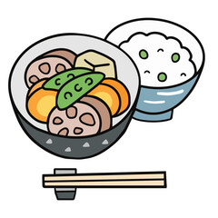 豆ご飯と煮物　線画イラスト