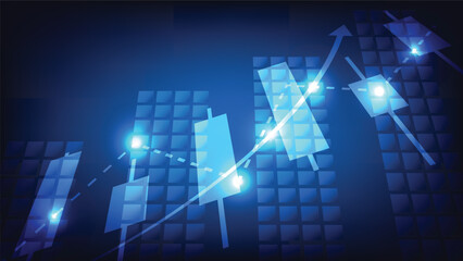 candlesticks with digital bar chart on blue background. stock market investment concept  