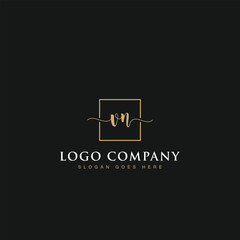 Initials signature letters VN linked inside minimalist luxurious square line box vector logo gold color designs for brand, identity, invitations, hotel, boutique, jewelry, photography or company signs