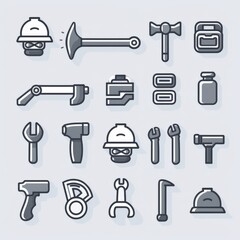 Detailed icons showcasing building tools like hammers, wrenches, and safety equipment in a minimalist style, perfect for construction and design projects.