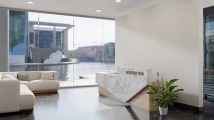 A modern registration lobby or reception desk features a counter and sofas with a city view.