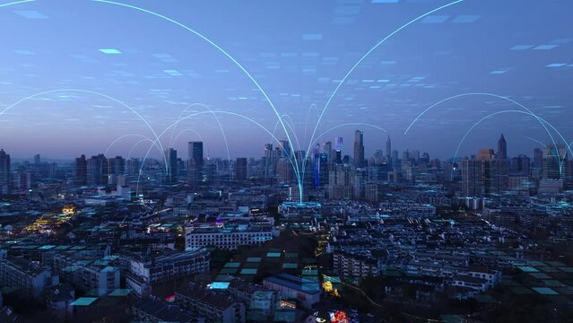 smart Connected city skyline. Futuristic network concept, city Technology