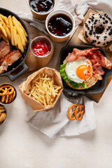 Assorted of american junk food assortment.