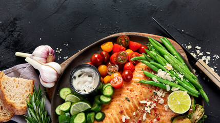 Cooked salmon with fresh vegetables, lime and souce. Baked fish on dark background