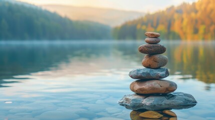 Balanced stack of stones by a serene lake, with a misty forest and mountains in the background, showcasing natural tranquility.
