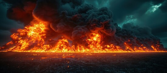 large plumes of fire with thick black smoke, with the sky in the background